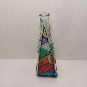 Art Glass Vase, Thick Texture, MOSAIC Primary Colors w/Bold Black Lines, L 10"